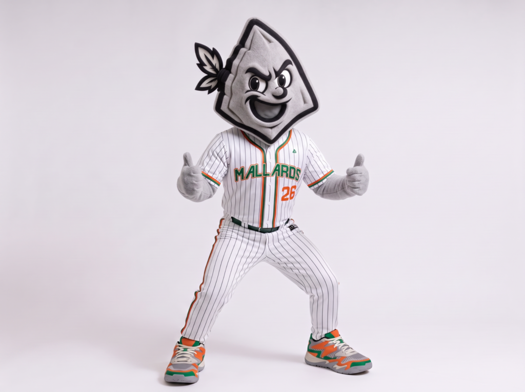 Wairo wearing a white pinstriped Mallards baseball uniform with green and orange accents.